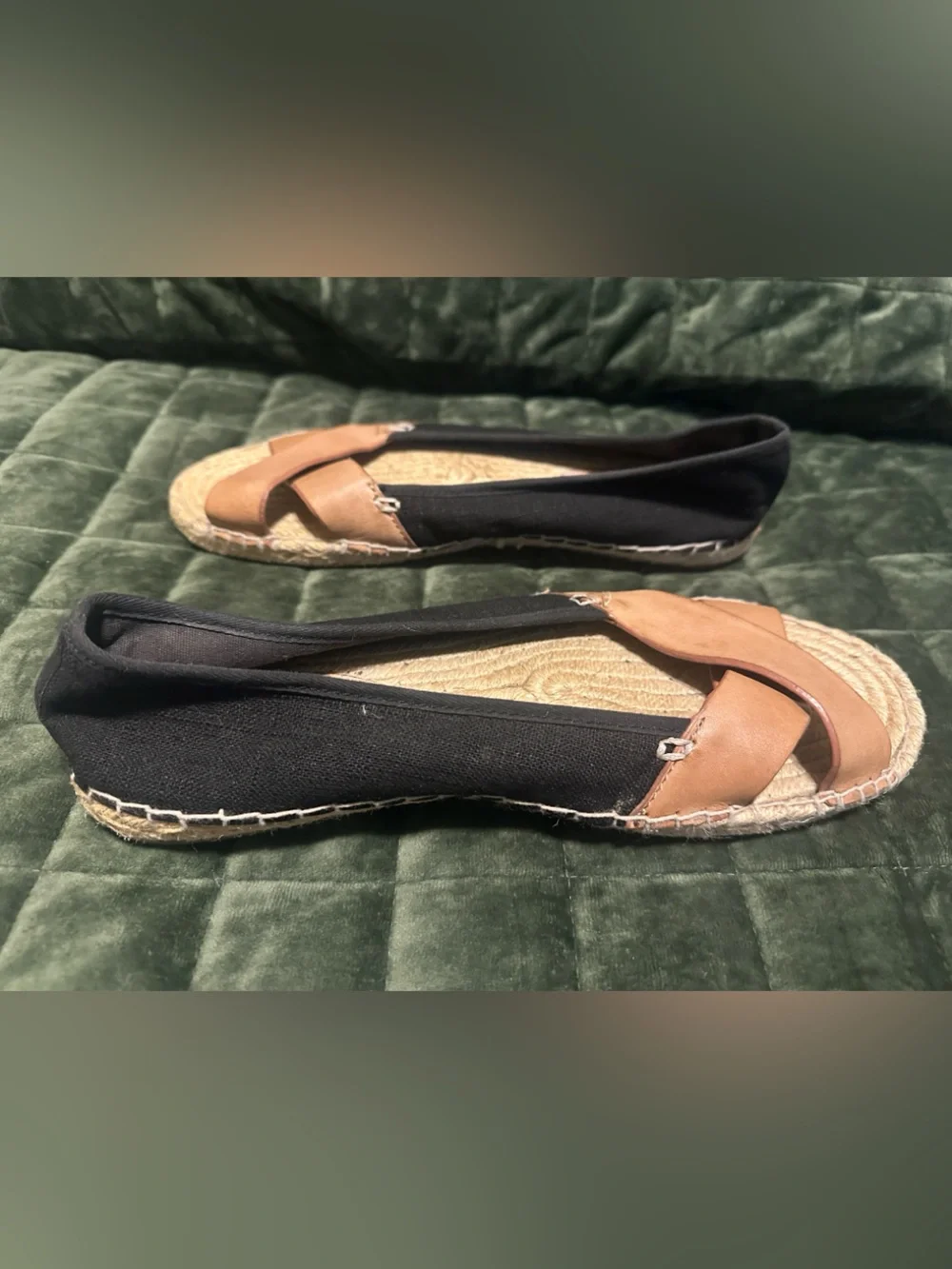 Tommy Bahama Black Canvas & Tan Leather Crossover Espadrille Flats